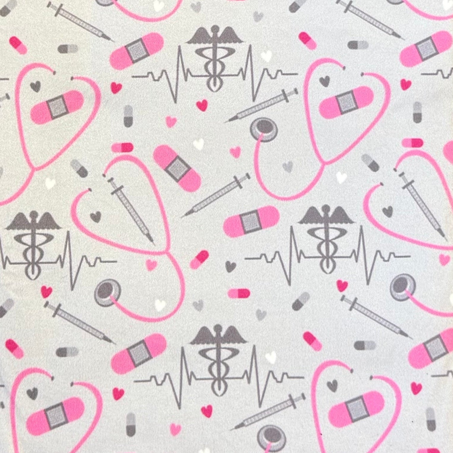 Medical Profession-Themed Leggings - Soft and Stretchy, Gray with Pink & White Accents - Comfortable Scrubs Alternative