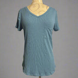 Ribbed V-Neck Dolphin Hem Pocket Top