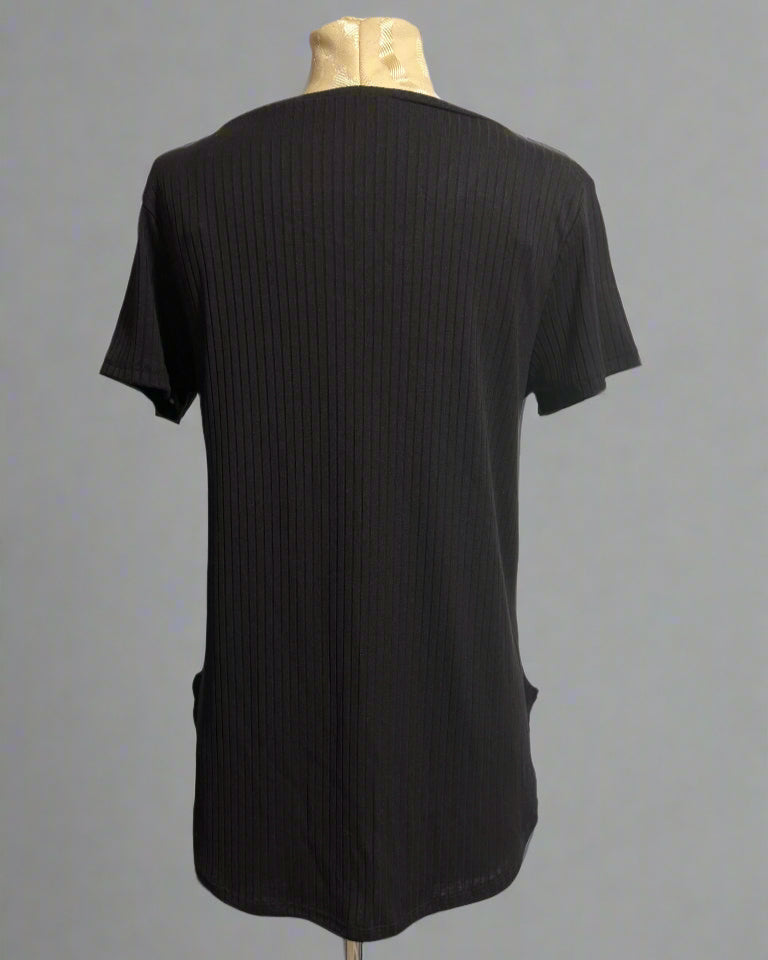 Ribbed V-Neck Dolphin Hem Pocket Top