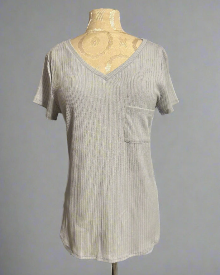 Ribbed V-Neck Dolphin Hem Pocket Top