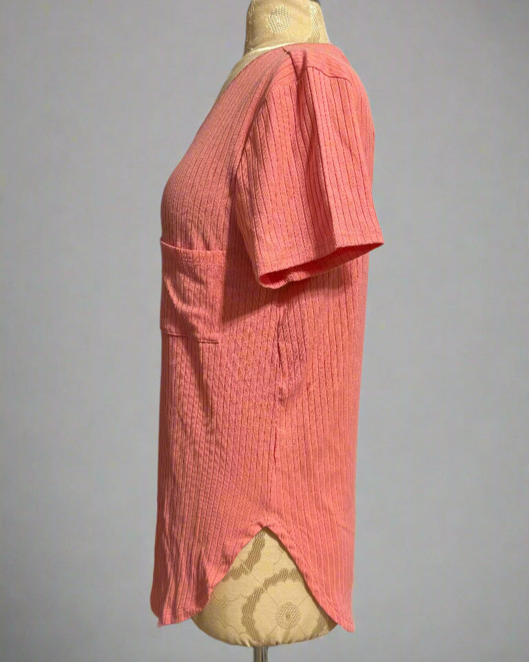 Ribbed V-Neck Dolphin Hem Pocket Top