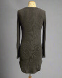 Ribbed Knit V-neck Curved Hem Bodycon Long Sleeve Dress