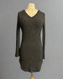 Ribbed Knit V-neck Curved Hem Bodycon Long Sleeve Dress