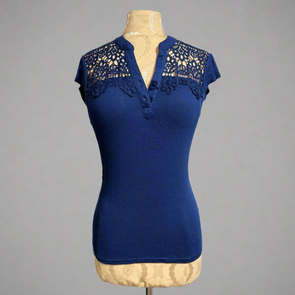 Navy Blue Lace Detail Cap Sleeve Button Top