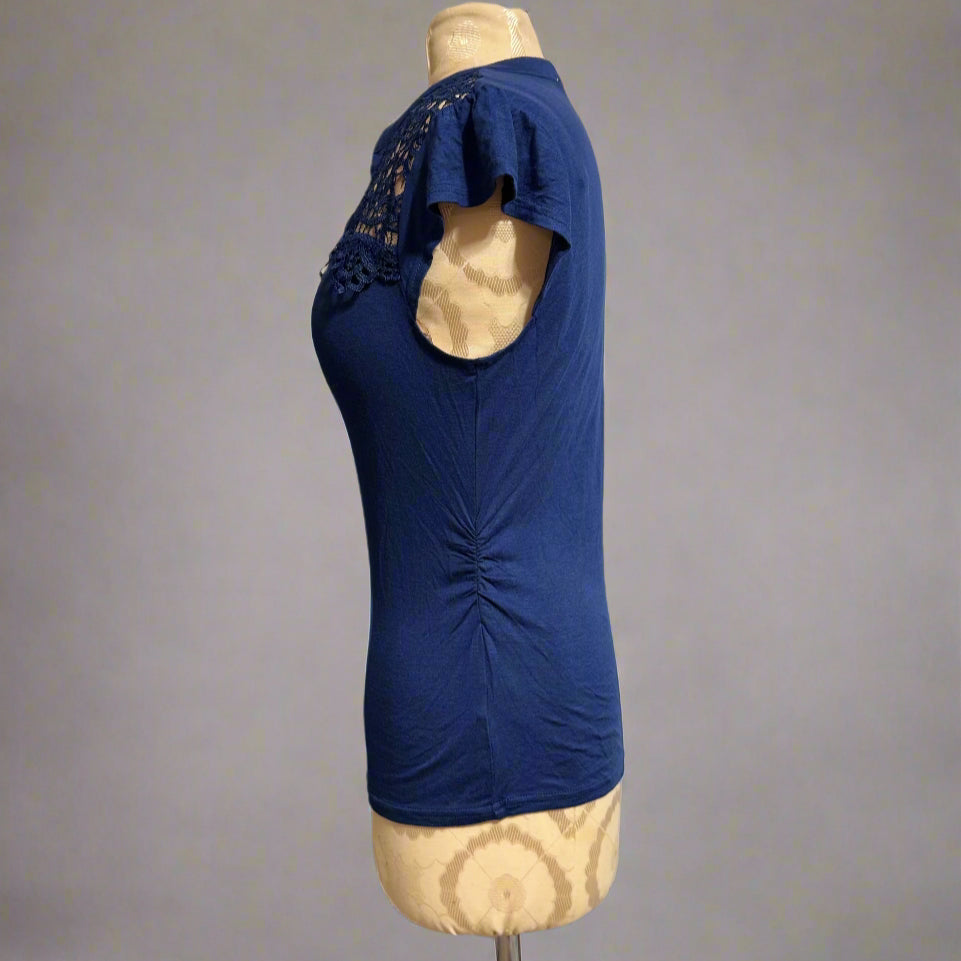 Navy Blue Lace Detail Cap Sleeve Button Top