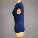 Navy Blue Lace Detail Cap Sleeve Button Top