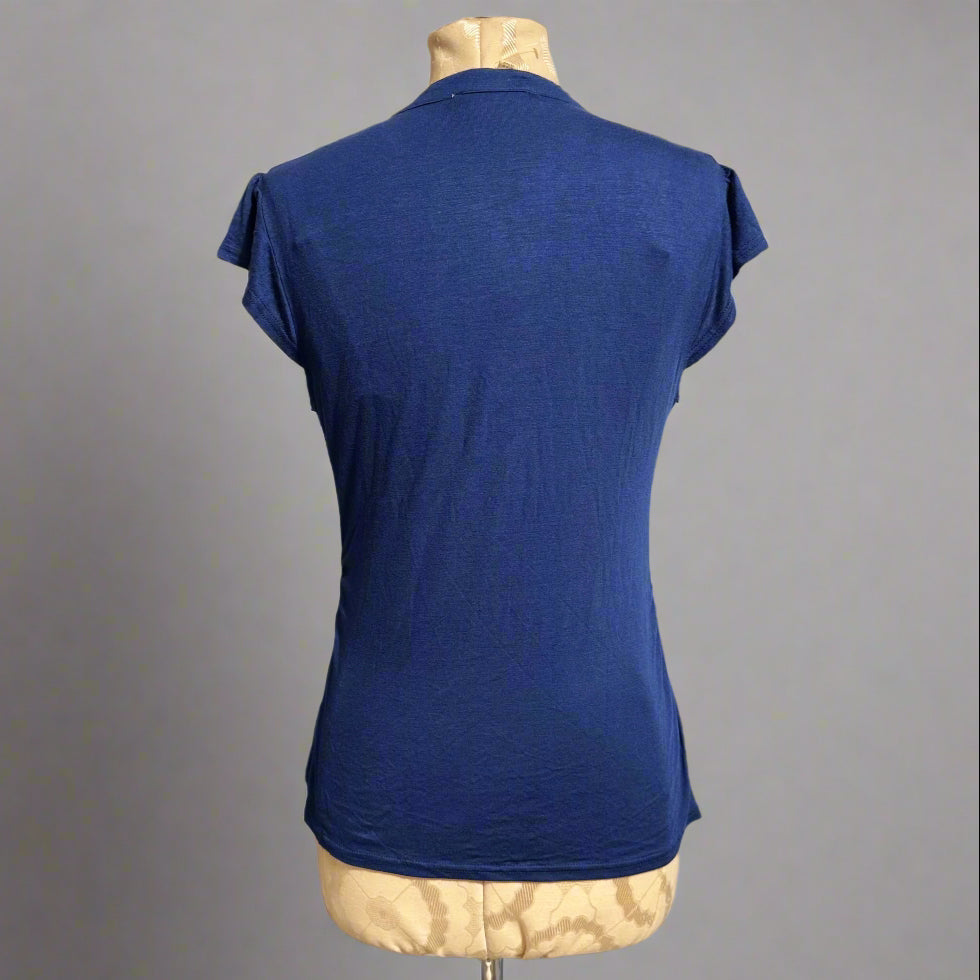 Navy Blue Lace Detail Cap Sleeve Button Top