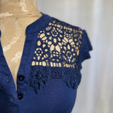 Navy Blue Lace Detail Cap Sleeve Button Top