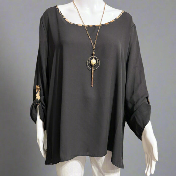 Leopard Trimmed Half Sleeve Black Top