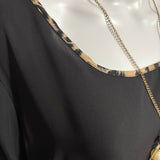 Leopard Trimmed Half Sleeve Black Top
