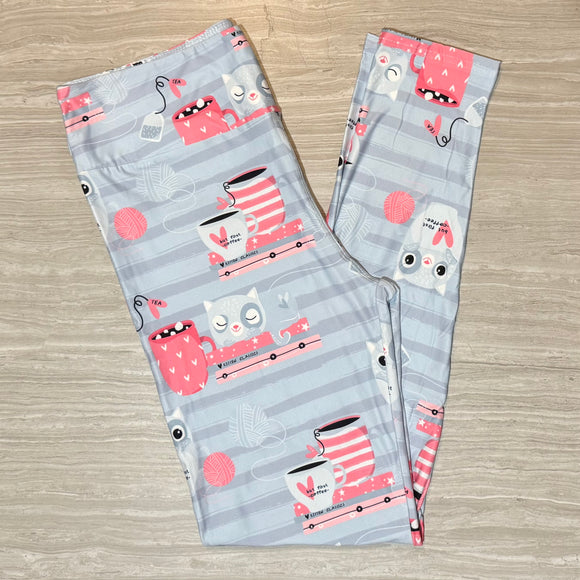 But First Coffee & Cats Print Gray & Pink Leggings