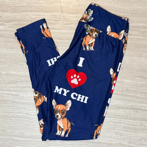 I Love My Chi Dog Print Blue Leggings