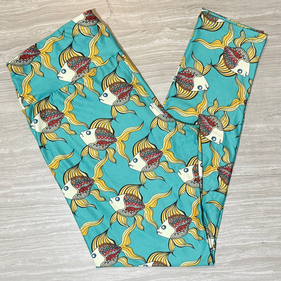 Colorful Angelfish Print Soft Leggings w/ Yoga Band Pocket