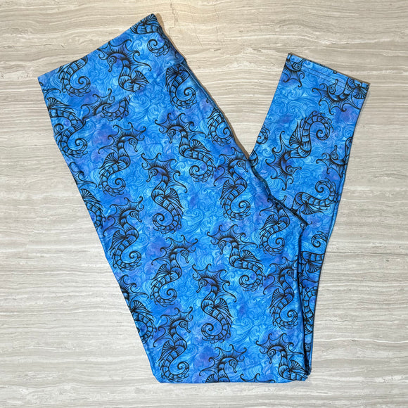 Seahorse Dragon Blue Ocean Wave Print Leggings