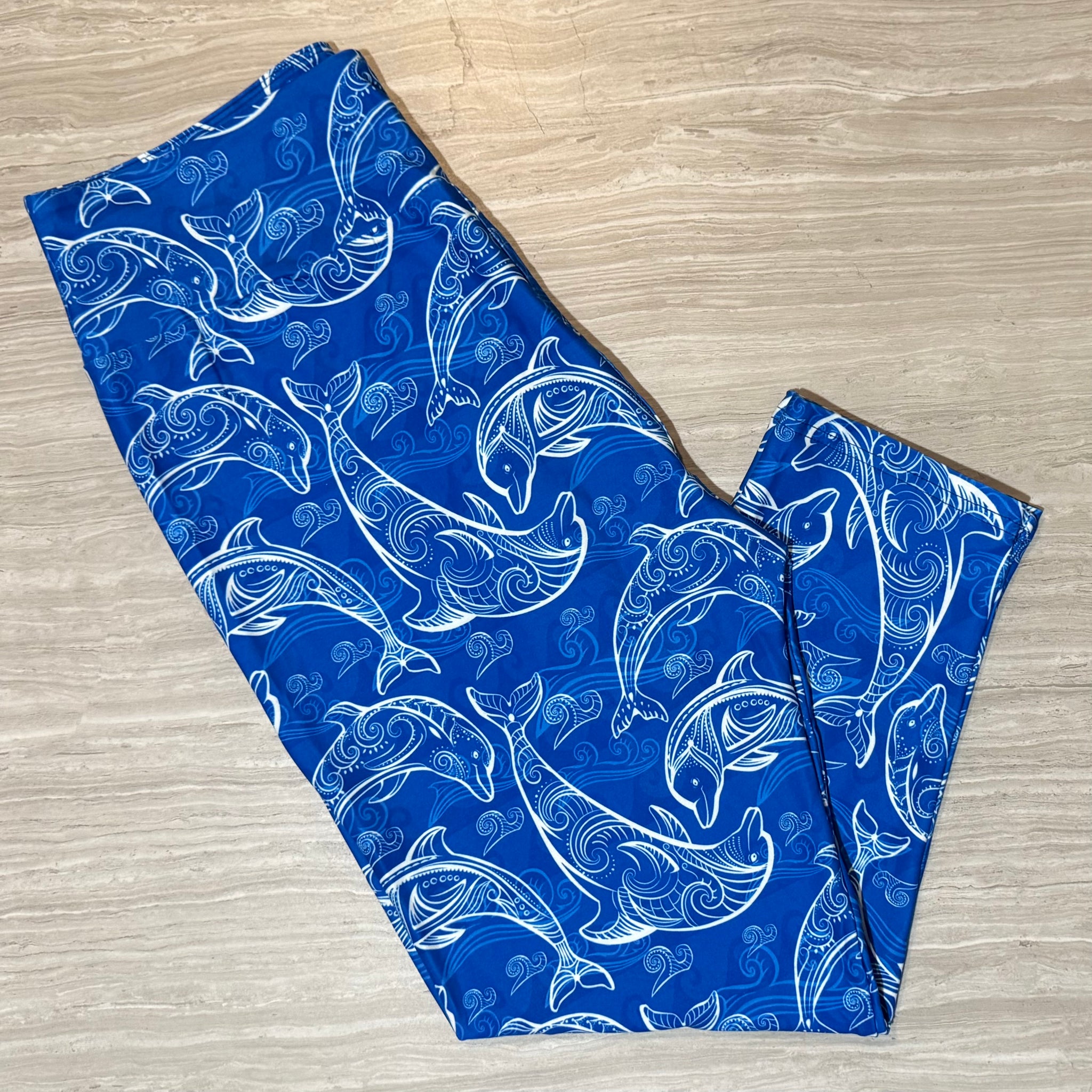 Swirl Dolphin Ocean Wave Print Blue Capri Soft Leggings