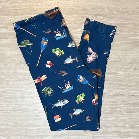 Gone Fishing Print Soft Blue Leggings