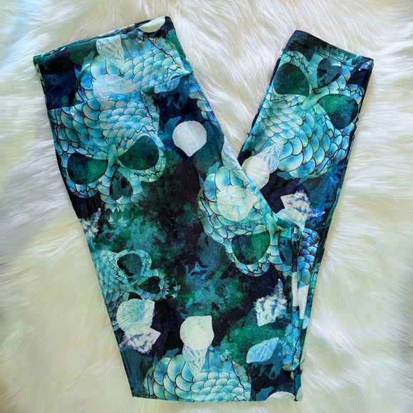 Mermaid Skull Print Soft Leggings w/ Yoga Band Pocket