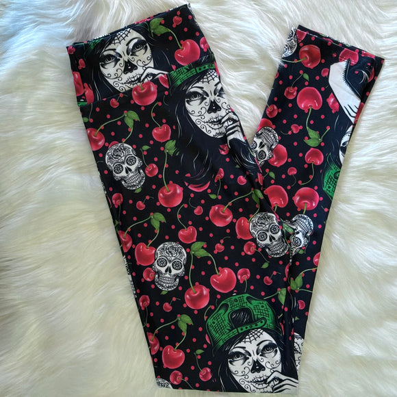 Cherry Sugar Skull Diva Girl Print Soft Leggings