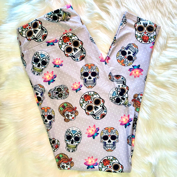 Lotus Sugar Skulls Polka Dot Print Gray Soft Leggings