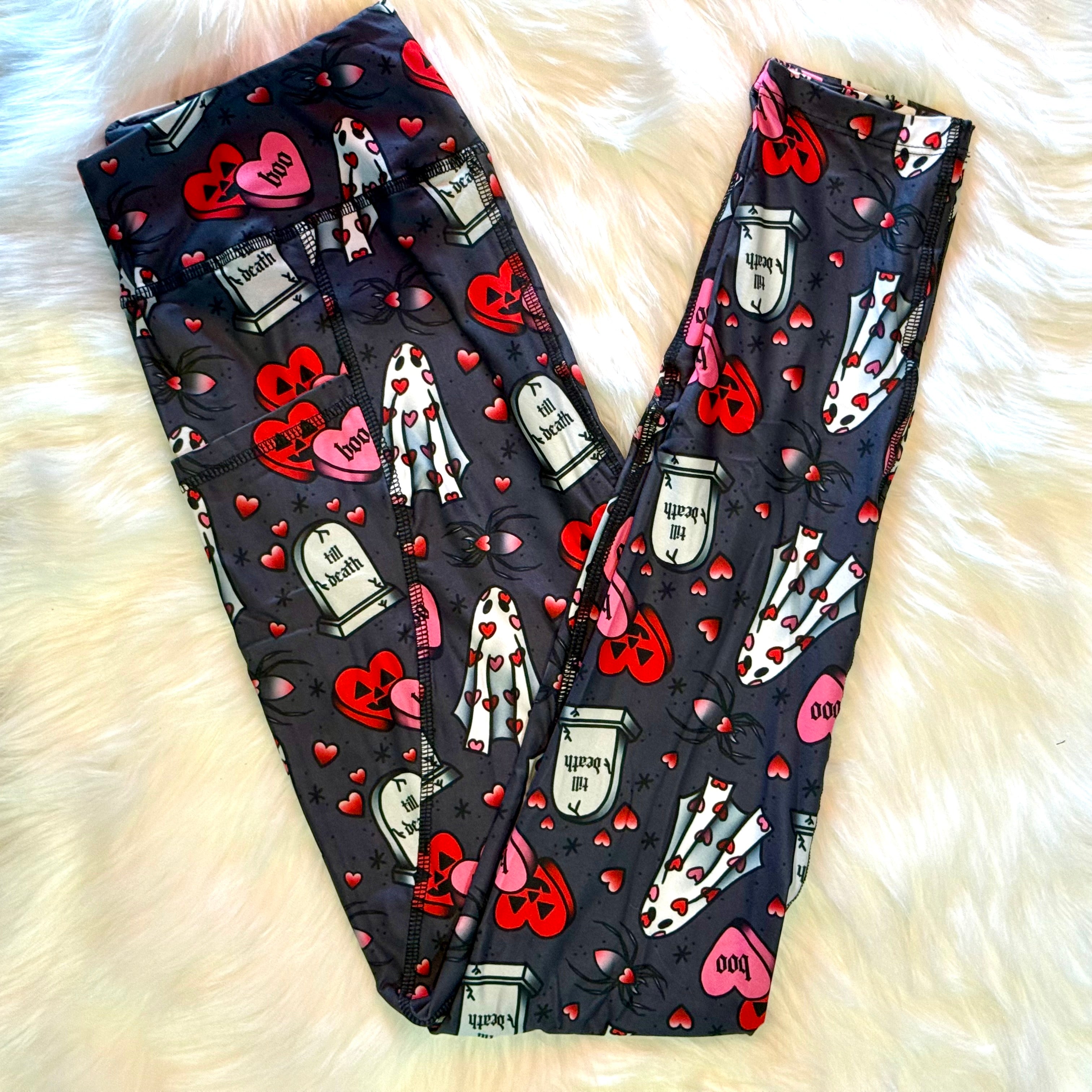 Cute Valentine's Day Ghost Themed Print Leggings w/ Pockets