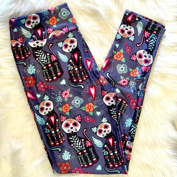 Sugar Skulls Cats & Crystals Print Gray Soft Leggings