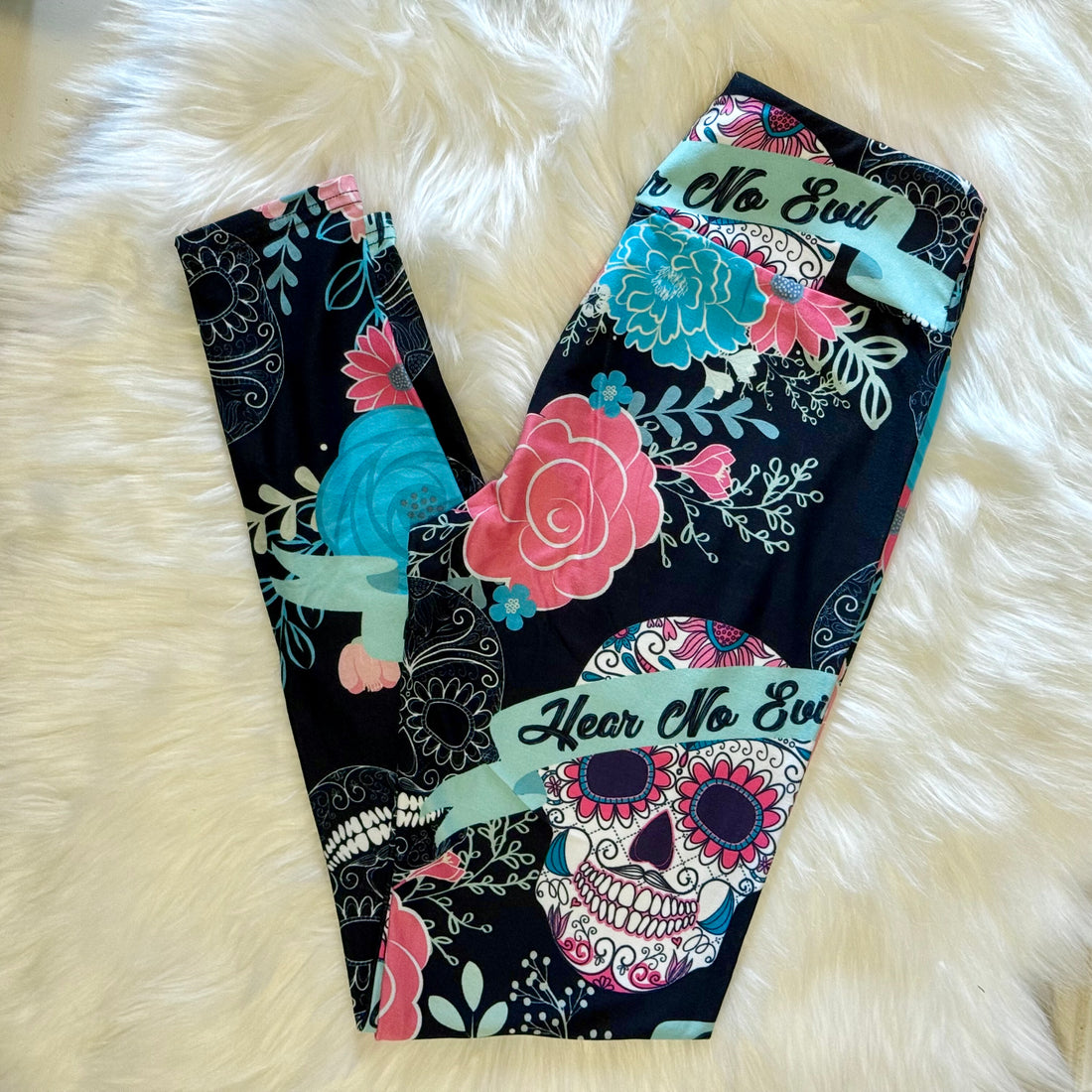 Hear Speak See No Evil Sugar Skull & Flowers Print Soft Leggings