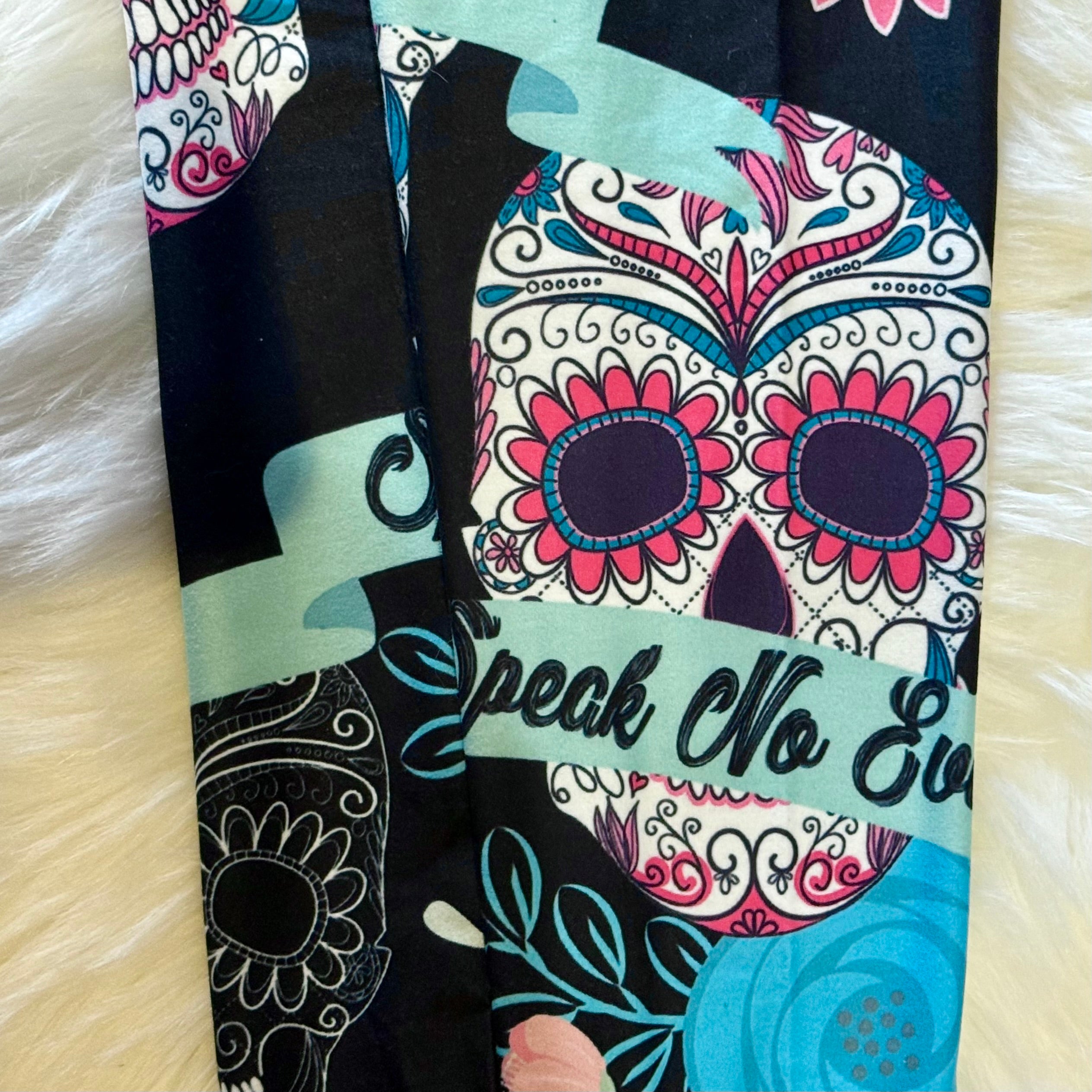 Hear Speak See No Evil Sugar Skull & Flowers Print Soft Leggings