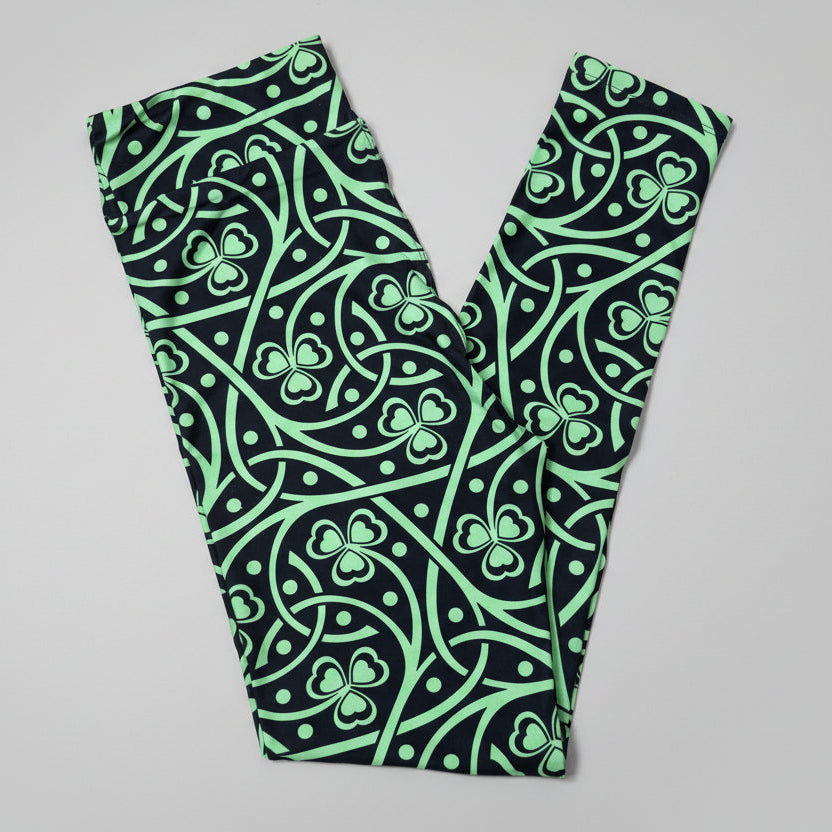 St. Patrick's Day Celtic Shamrock Leggings – Green & Black Luck of the Irish Yoga Pants, Festive Holiday Athleisure, Celtic Knot Patterned Tights