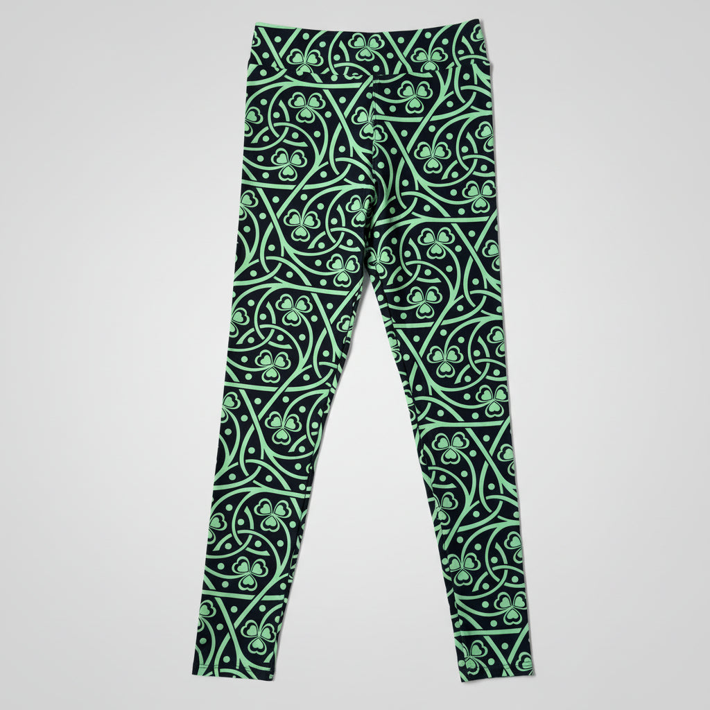 St. Patrick's Day Celtic Shamrock Leggings – Green & Black Luck of the Irish Yoga Pants, Festive Holiday Athleisure, Celtic Knot Patterned Tights