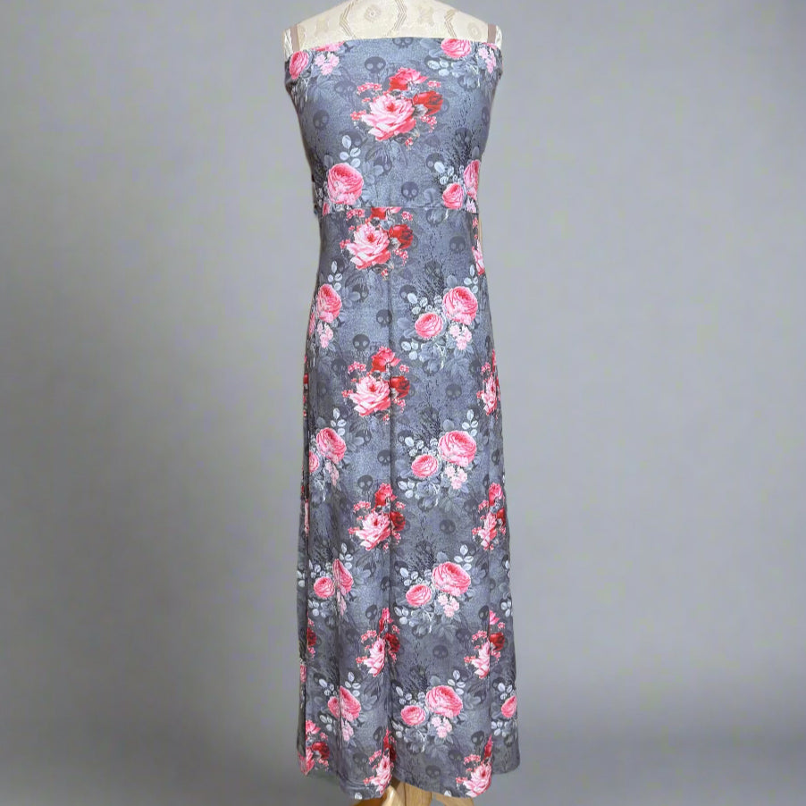 Deadly Bouquet - Skull and Pink Roses Floral Print Maxi Skirt / Strapless Dress
