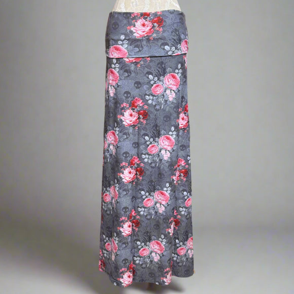 Deadly Bouquet - Skull and Pink Roses Floral Print Maxi Skirt / Strapless Dress