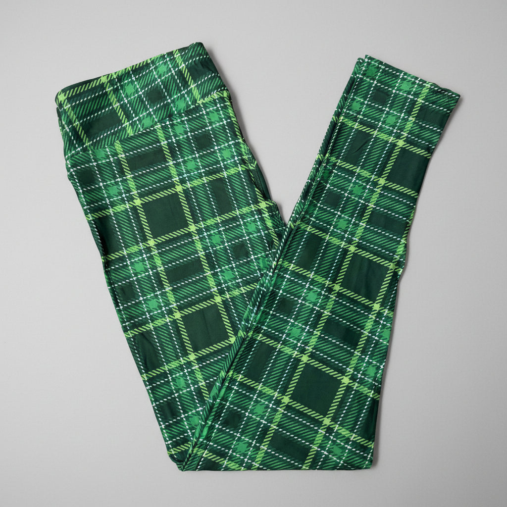 Green Plaid Print Soft High Waisted Leggings - St. Patrick’s Day Tartan Plaid, Aesthetic Dark Green & Lime Checkered Leggings