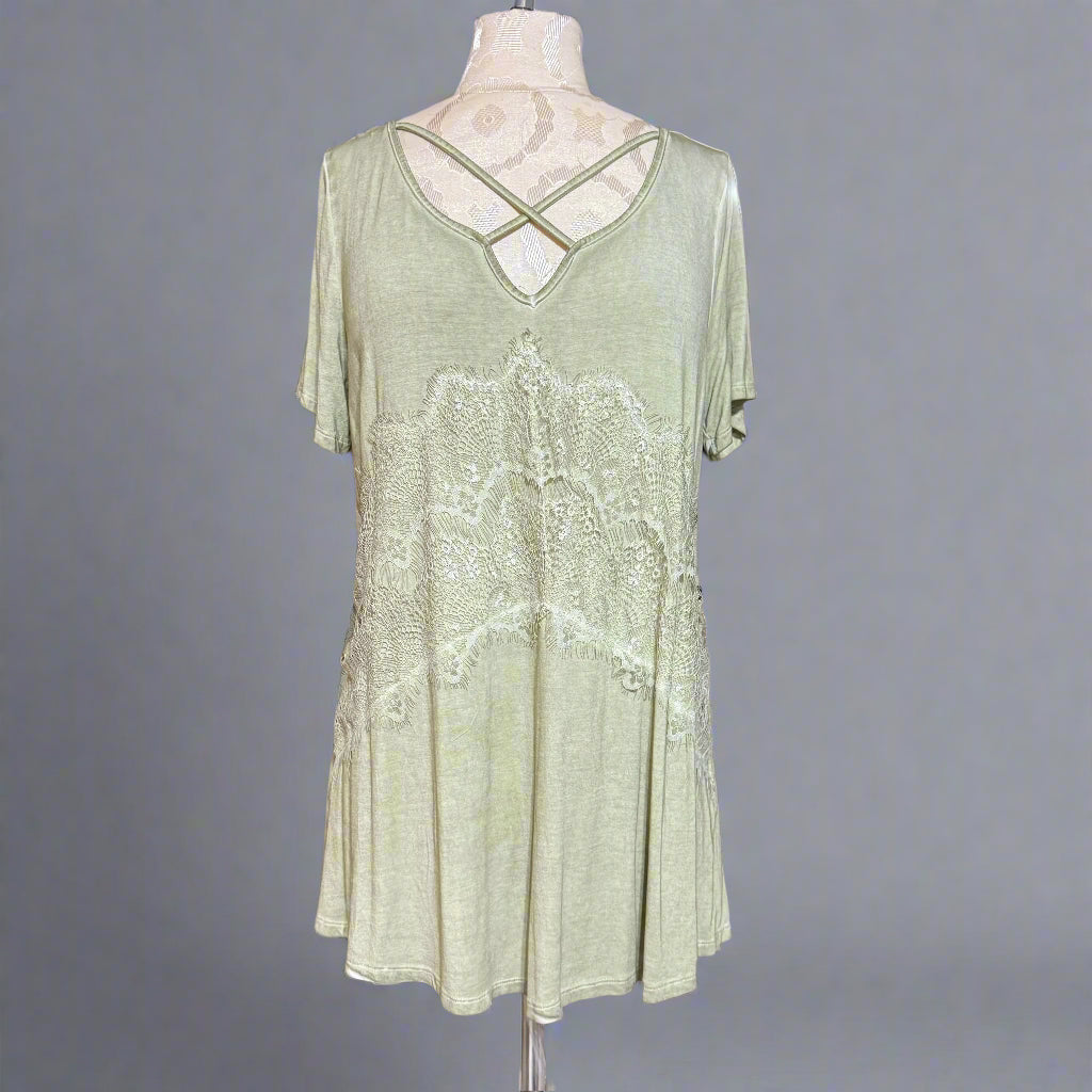 Crisscross Lace Detail Mineral Wash Sage Green Top