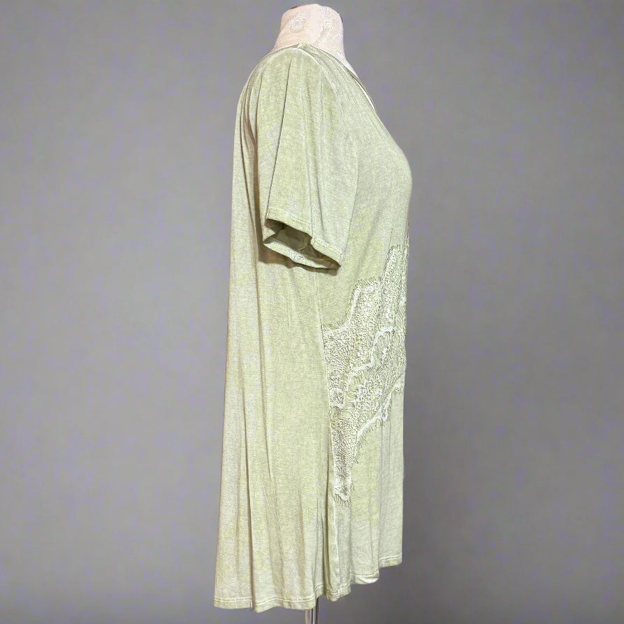 Crisscross Lace Detail Mineral Wash Sage Green Top