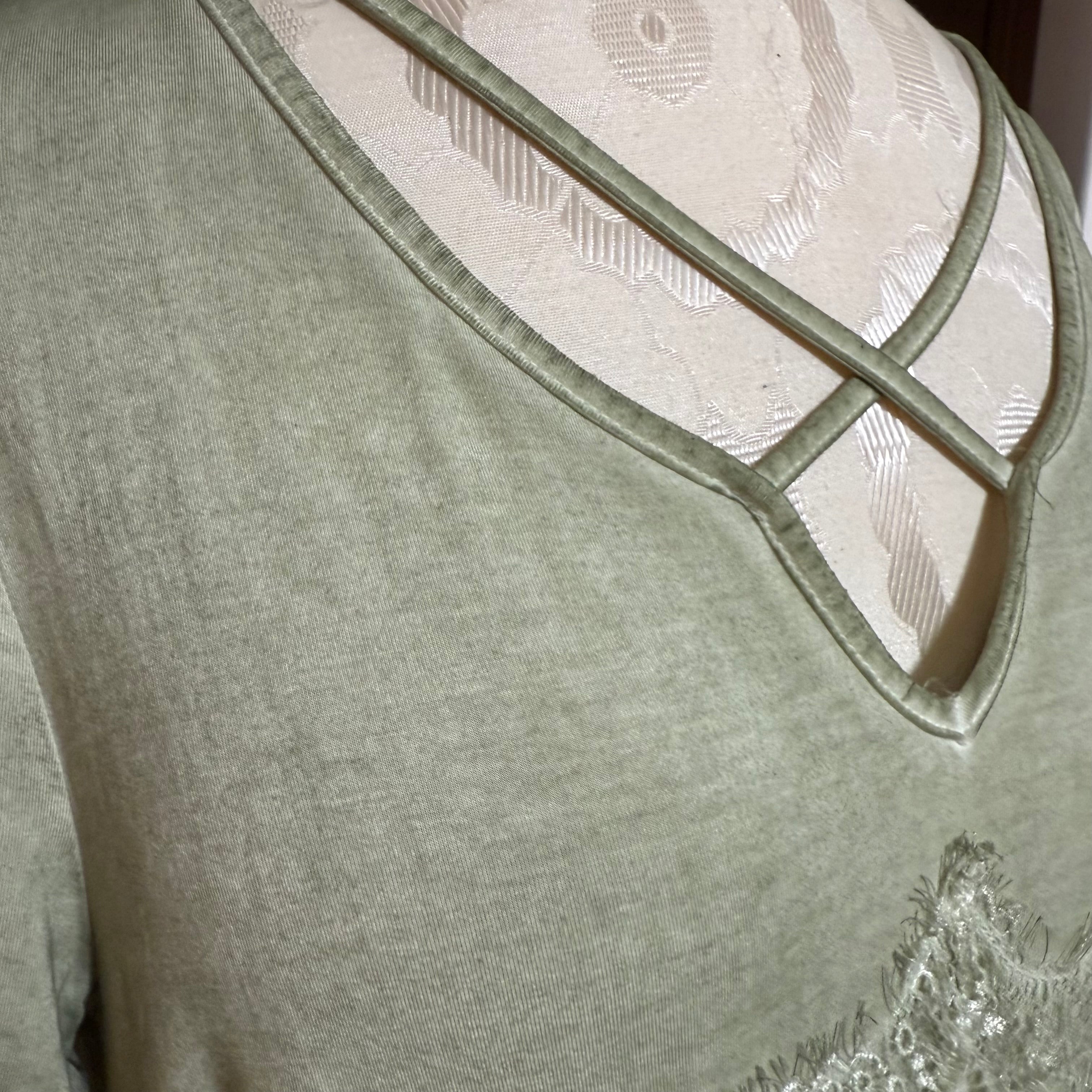 Crisscross Lace Detail Mineral Wash Sage Green Top