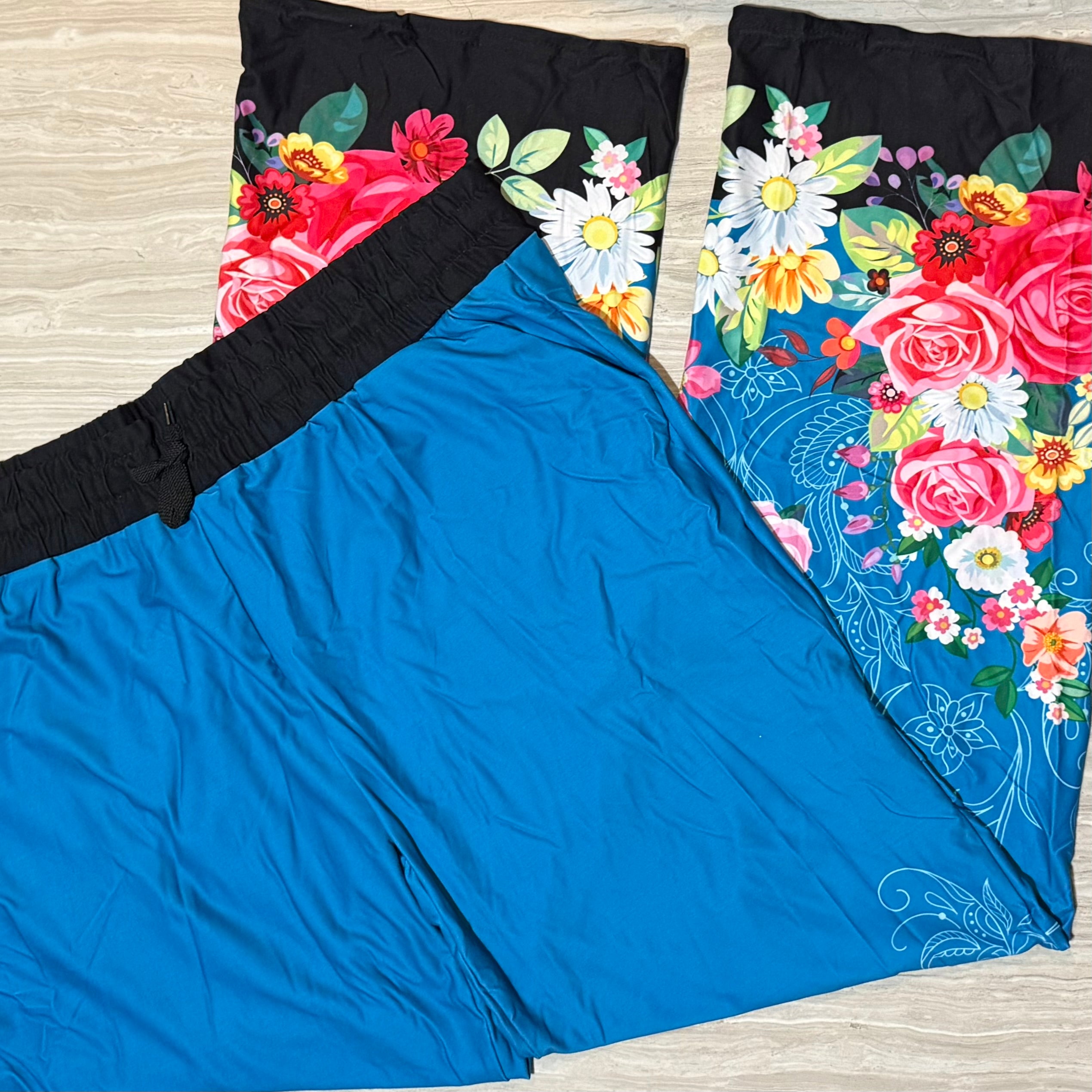 Boho Floral Turquoise Print Lounge Pants w/ Pockets