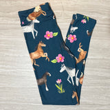 Horses & Pink Flowers Print Blue Soft Leggings