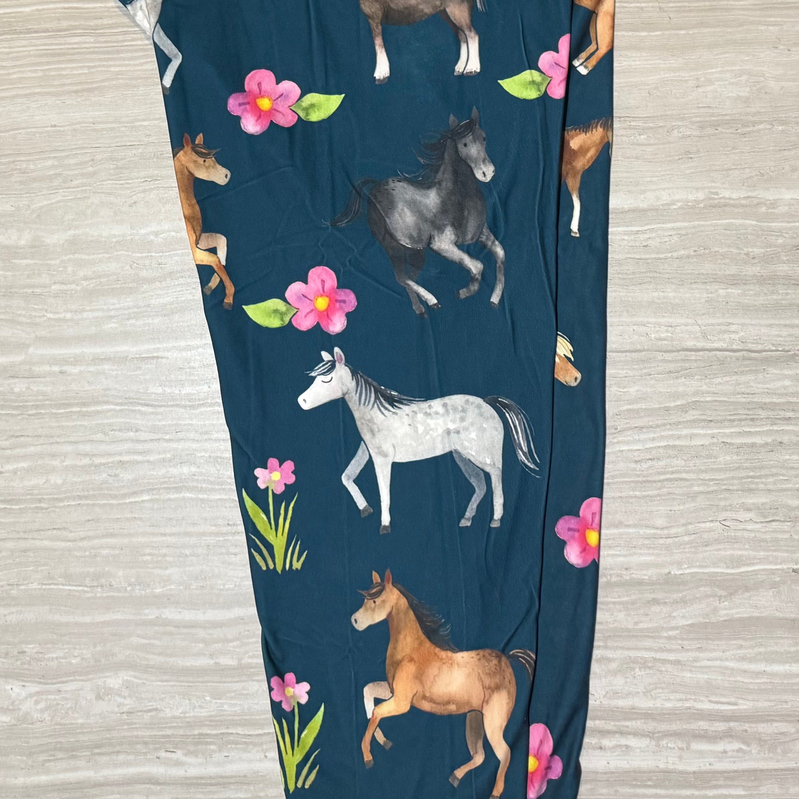 Horses & Pink Flowers Print Blue Soft Leggings