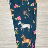 Horses & Pink Flowers Print Blue Soft Leggings