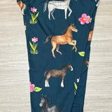 Horses & Pink Flowers Print Blue Soft Leggings