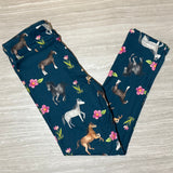 Horses & Pink Flowers Print Blue Soft Leggings