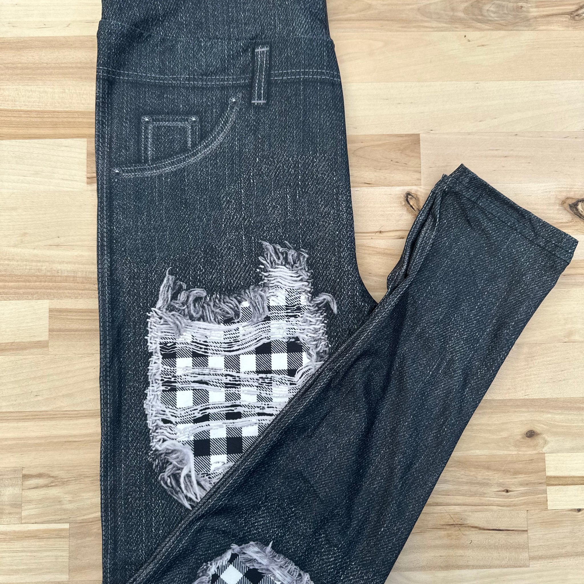 Black Denim White Plaid Leggings w/ Back Pockets