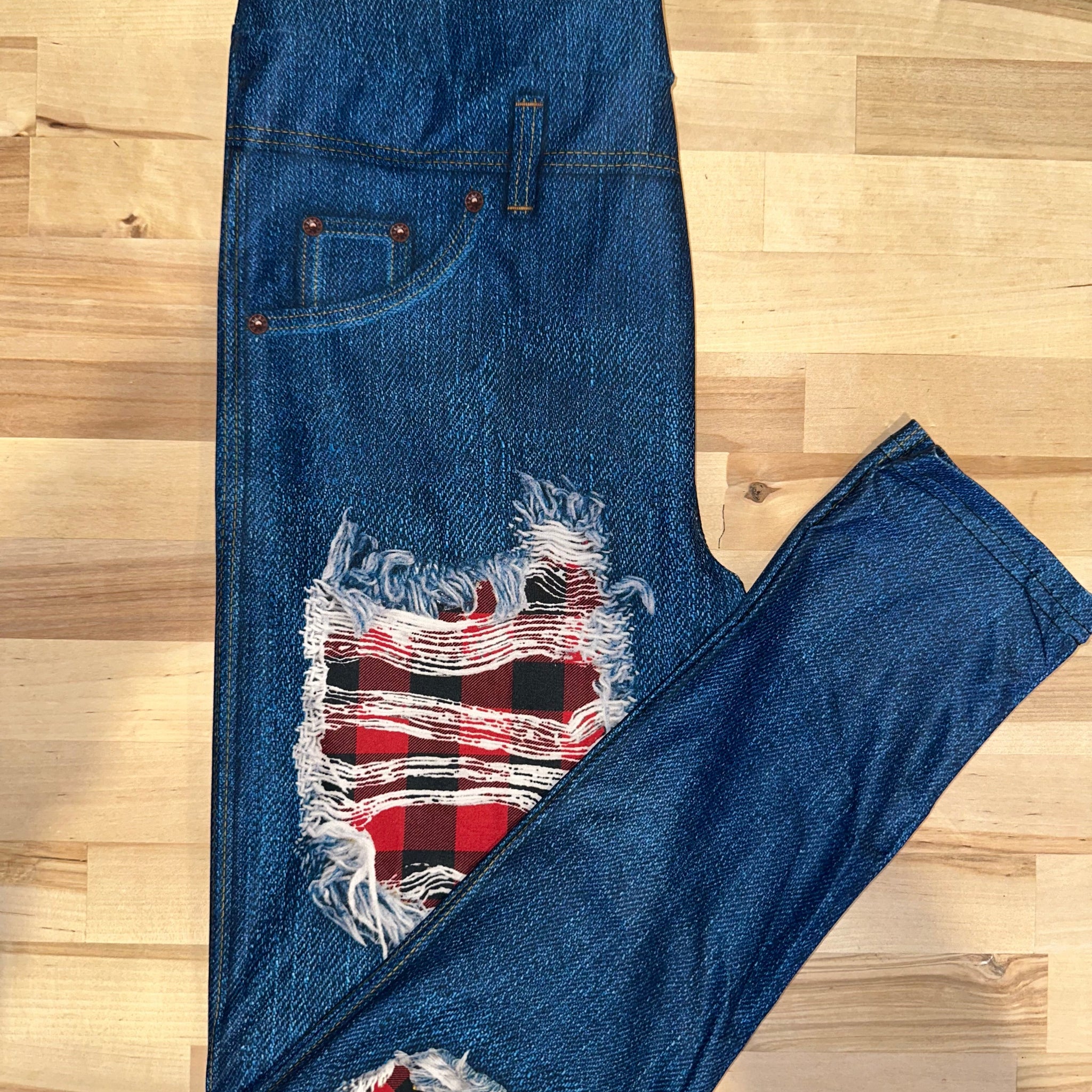 Blue Denim Red Plaid Leggings w/ Back Pockets