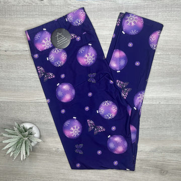 Purple Ornament & Butterfly Flowers Christmas Soft Leggings