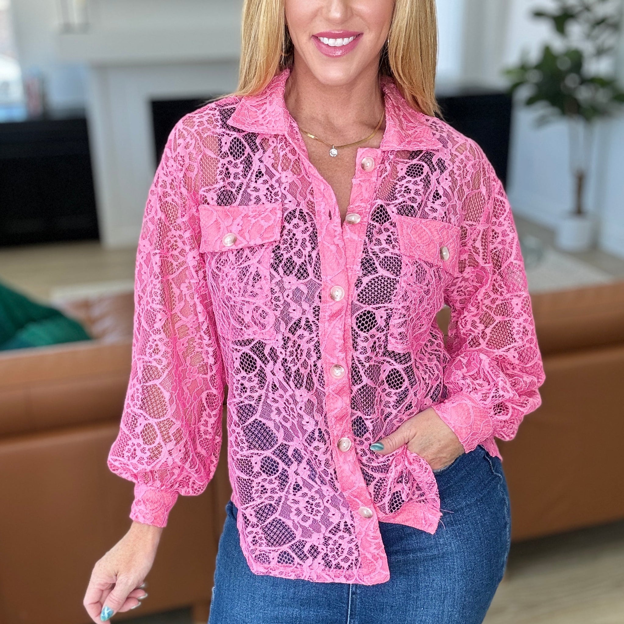 Stick Together Lace Button Up in Pink Cosmos