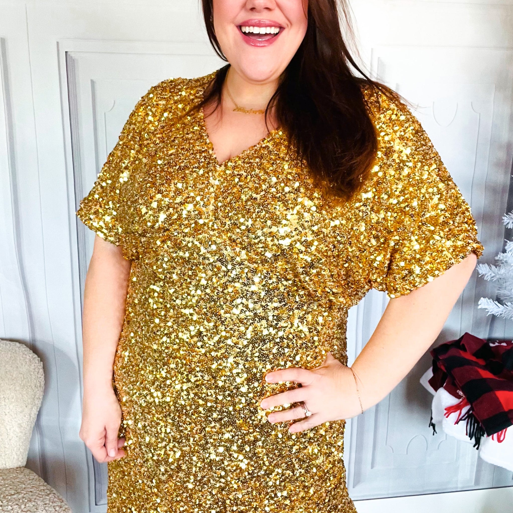 New Year Diva Dolman Gold Sequined Lined Babydoll Dress