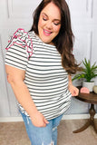 Get To It Ivory & Pink Merrow Stitch Ruffle Sleeve Stripe Top