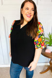 Eyes On You Black Floral Puff Sleeve V Neck Top