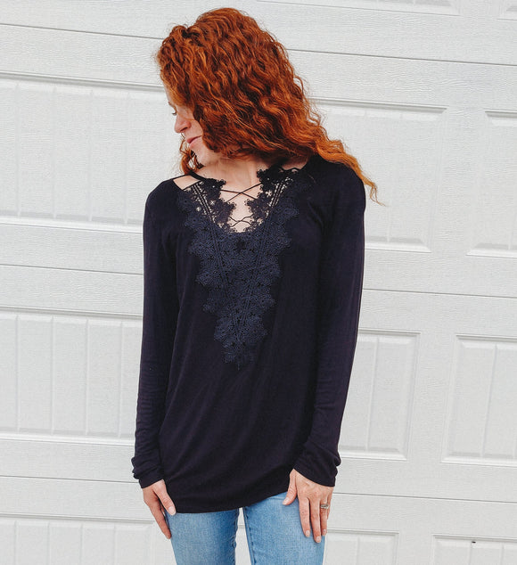 Criss Cross Lace V-Neck Top - Black