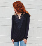Criss Cross Lace V-Neck Top - Black